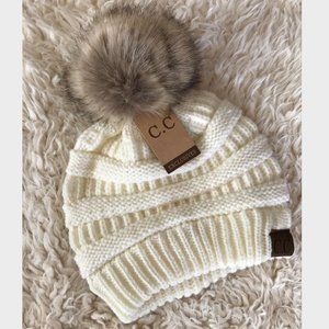 CC Whipstitch Knit Faux Fur Pom Beanie